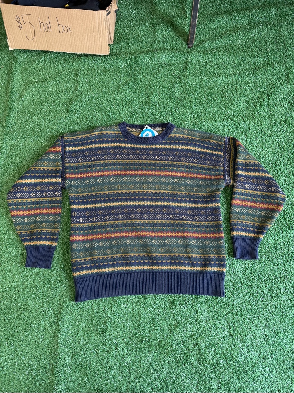 Classic Patterned Crewneck Sweater in Navy and Olive